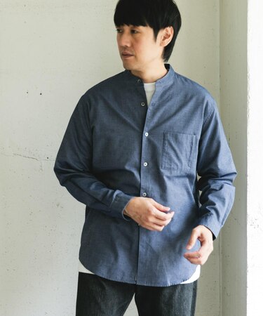 ピーチ起毛 バンドカラー ロングスリーブシャツ