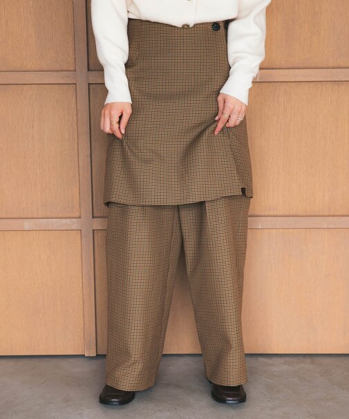 ウールブレンドチェックワイドパンツ