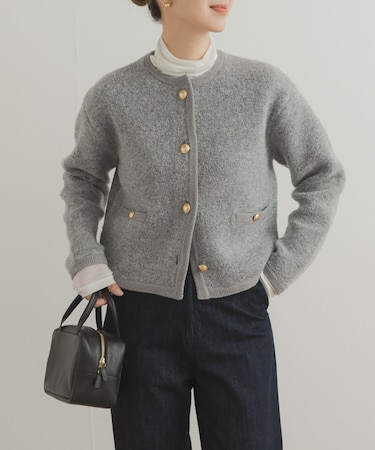 ノーカラーニットカーディガン