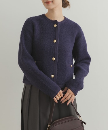 ノーカラーニットカーディガン