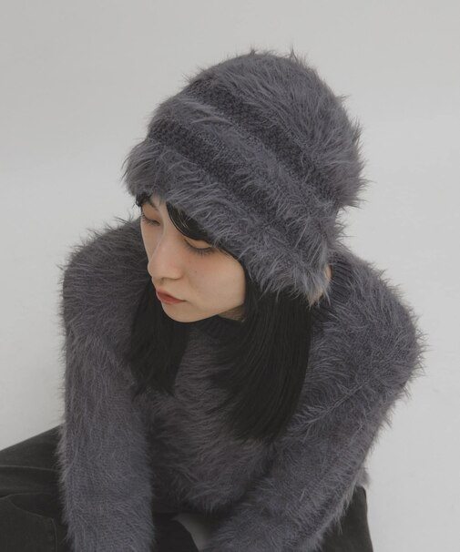 ラインデザインシャギーニットビーニー