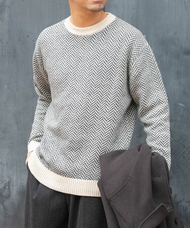 『XLサイズあり』ヘリンボーン柄クルーネックニット