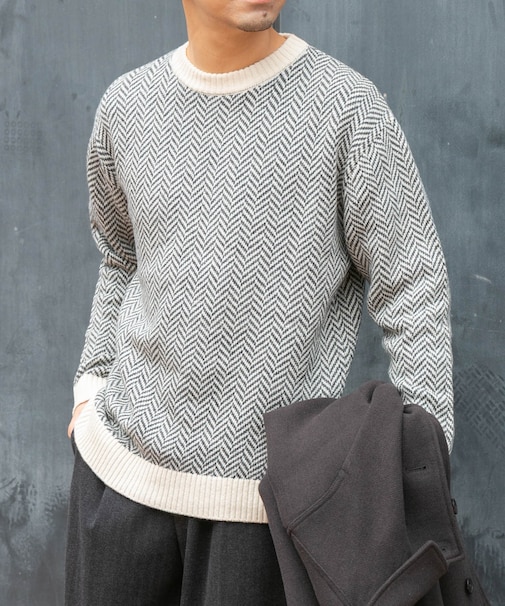 『XLサイズあり』ヘリンボーン柄クルーネックニット