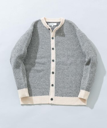 『XLサイズあり』ヘリンボーン柄クルーニットカーディガン