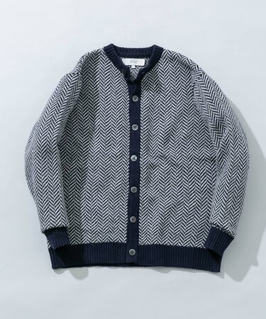 『XLサイズあり』ヘリンボーン柄クルーニットカーディガン