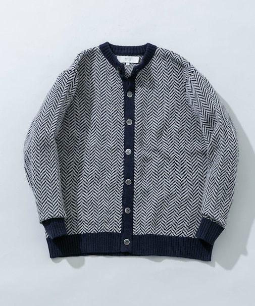 『XLサイズあり』ヘリンボーン柄クルーニットカーディガン