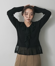 『洗濯可』フリルレースフレアスリーブニット