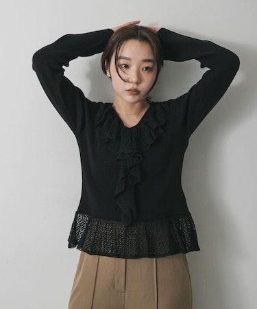 『洗濯可』フリルレースフレアスリーブニット