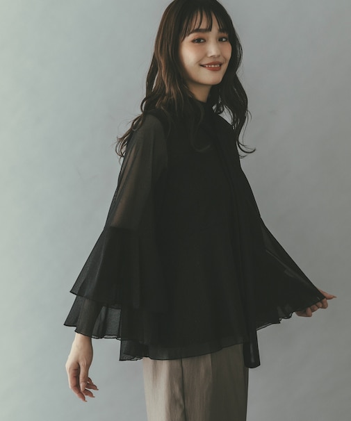 シアーラメチュールフレアスリーブブラウス