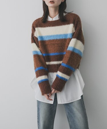 『洗濯可』シャギーハイショクボーダーニット