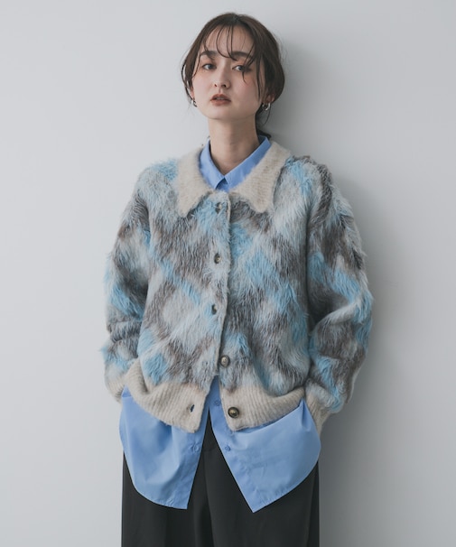 『洗濯可』エリツキチェックカーディガン