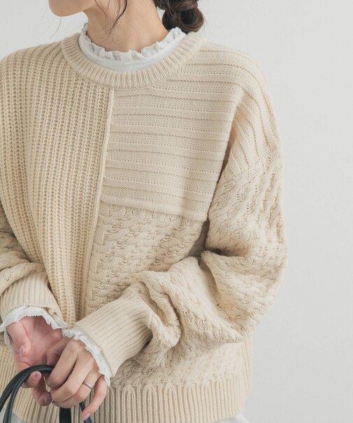 パッチワーク柄袖ボリュームニット