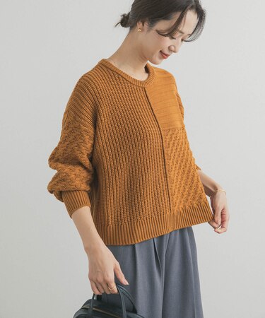 パッチワーク柄袖ボリュームニット