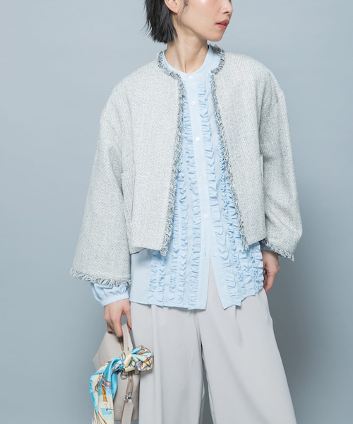 新品未使用 ニットツイードショートジャケット SETUP】ツイードライクショートニットジャケット※セットアップ対応