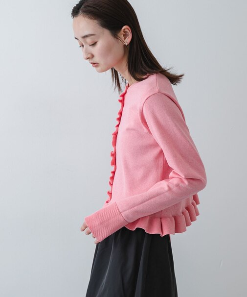 『洗濯可』フリルトリムニットカーディガン