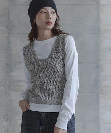メランジテープヤーンUネックニットベスト