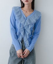 『洗濯可』チュールフリルニットカーディガン