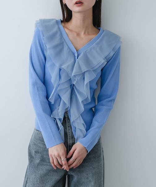 『洗濯可』チュールフリルニットカーディガン