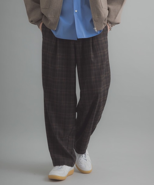チェックバレルレッグワイドパンツ