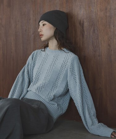 ベロアモールアイレット柄編みニットプルオーバー