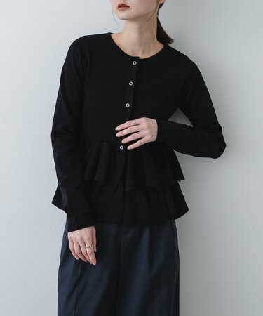 『洗濯可』ウェーブペプラムニットカーディガン