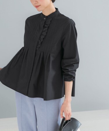フリルネックレースデザインシャツブラウス