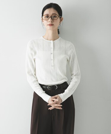 パターンメッシュヘンリーネックニット