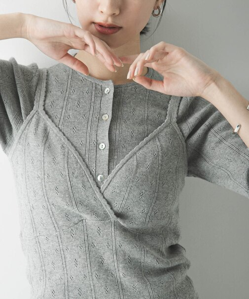 パターンメッシュヘンリーネックニット