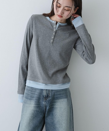 『洗濯可』ヘンリーネックレイヤードトップ
