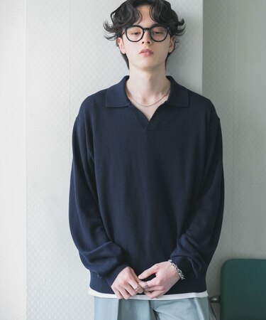 『洗濯可』スキッパーロングスリーブニット