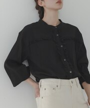バンドカラーフリルコットンシャツブラウス