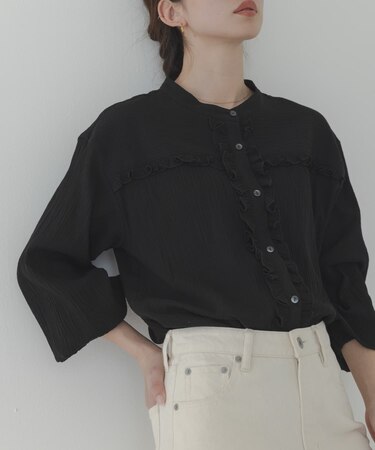 バンドカラーフリルコットンシャツブラウス