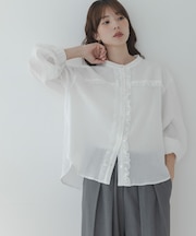 バンドカラーフリルコットンシャツブラウス