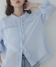 バンドカラーフリルコットンシャツブラウス