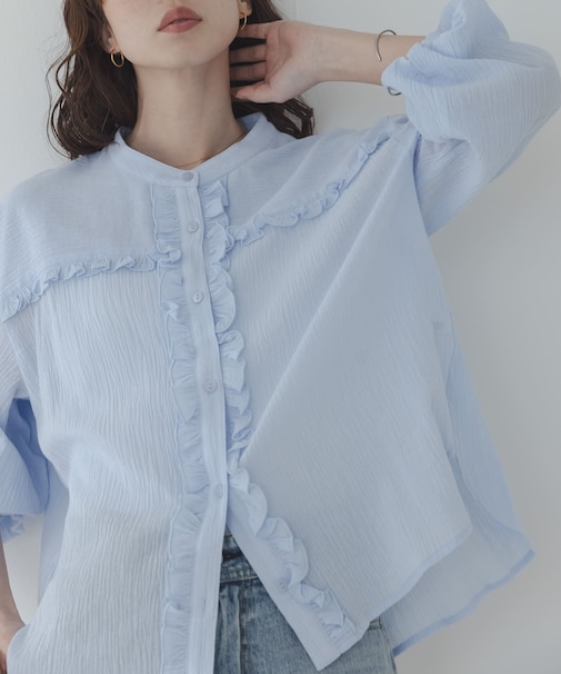バンドカラーフリルコットンシャツブラウス