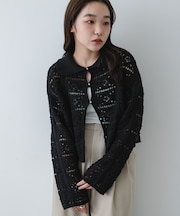 『洗濯可』レースアミエリツキニットカーディガン