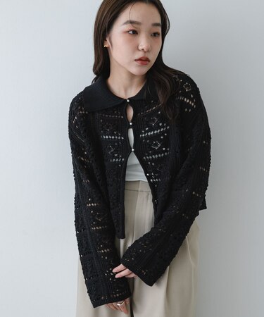 『洗濯可』レースアミエリツキニットカーディガン