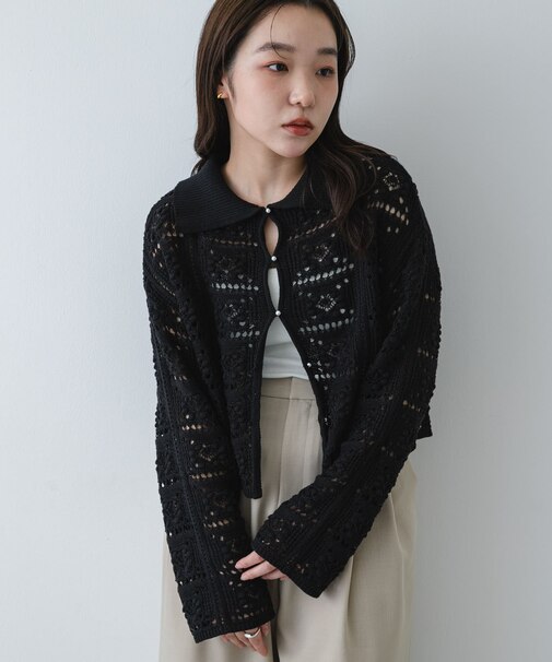 『洗濯可』レースアミエリツキニットカーディガン
