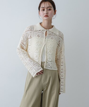 『洗濯可』レースアミエリツキニットカーディガン