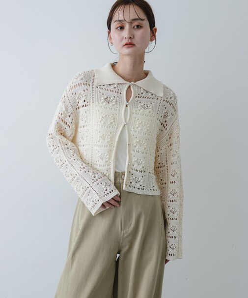 『洗濯可』レースアミエリツキニットカーディガン
