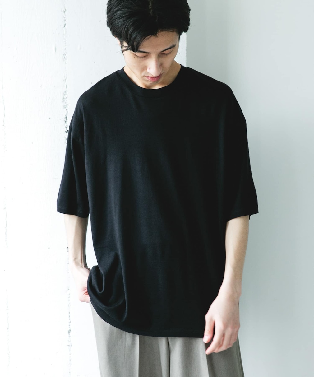 URBAN RESEARCH DOORS PURE WOOL クルーネックショートスリーブTシャツ ブラック