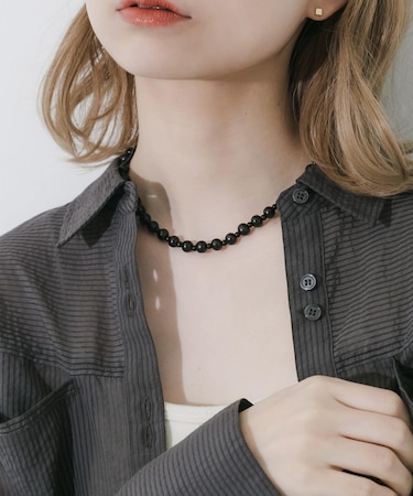 ステンレスブラックウッドビーズネックレス