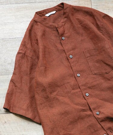 シルケットリネン バンドカラーショートスリーブシャツ