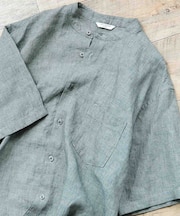 シルケットリネン バンドカラーショートスリーブシャツ