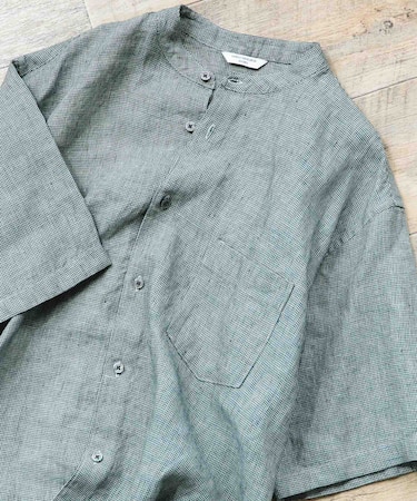 シルケットリネン バンドカラーショートスリーブシャツ