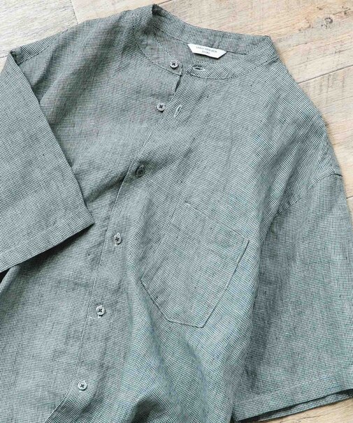 シルケットリネン バンドカラーショートスリーブシャツ