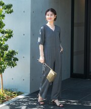 リネンライク5分袖オールインワン