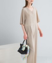 リネンライク5分袖オールインワン