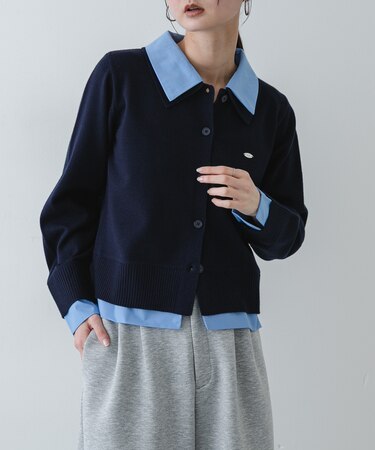 『洗濯可』プレートツキシャツドッキングニットカーディガン