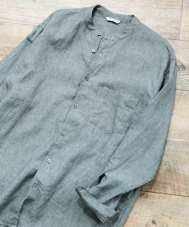 シルケットリネン バンドカラーロングスリーブシャツ